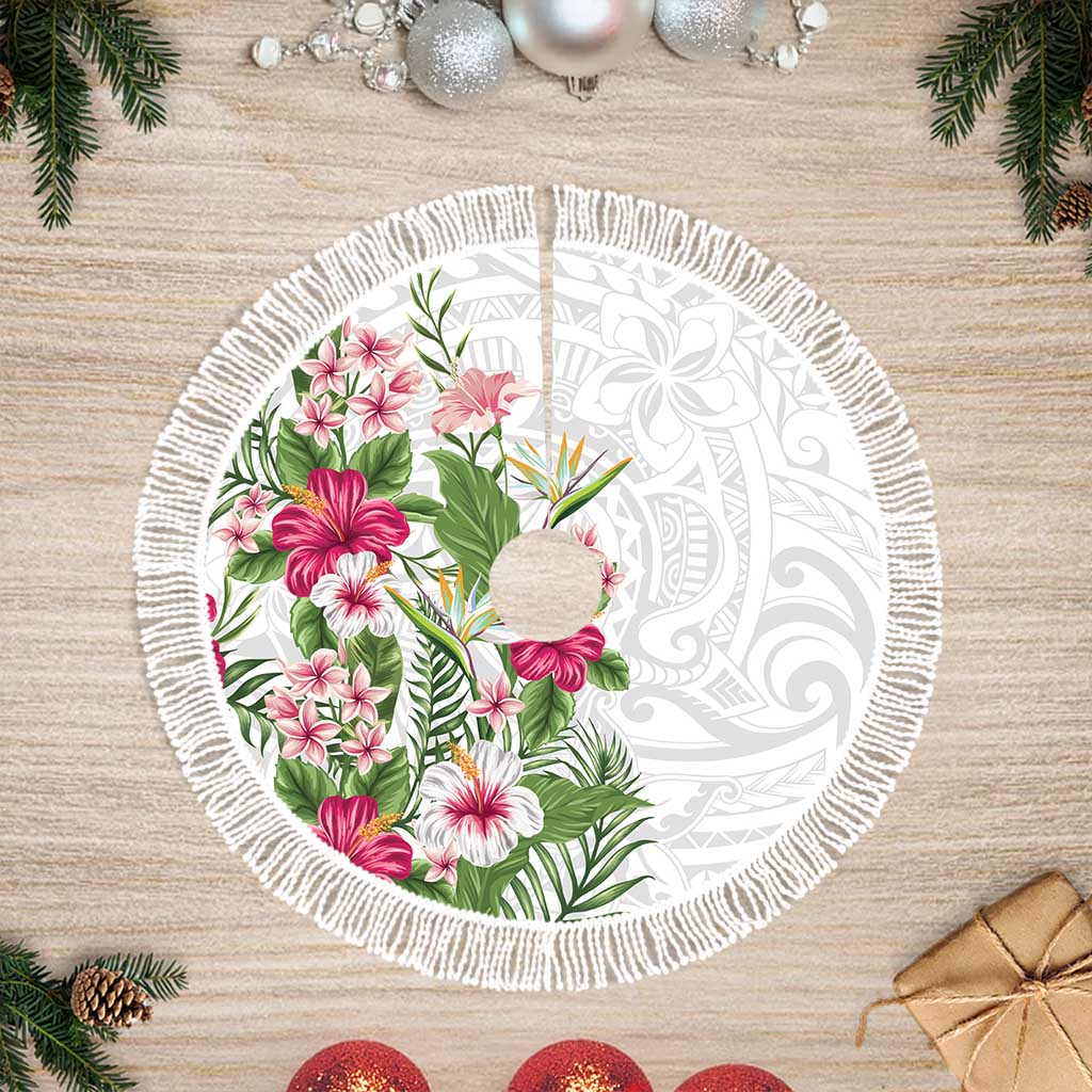 Hawaii Tropical Flowers Tree Skirt Polynesian Tattoo White LT05 Fringed White - Polynesian Pride
