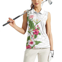 Hawaii Tropical Flowers Women Sleeveless Polo Shirt Polynesian Tattoo White