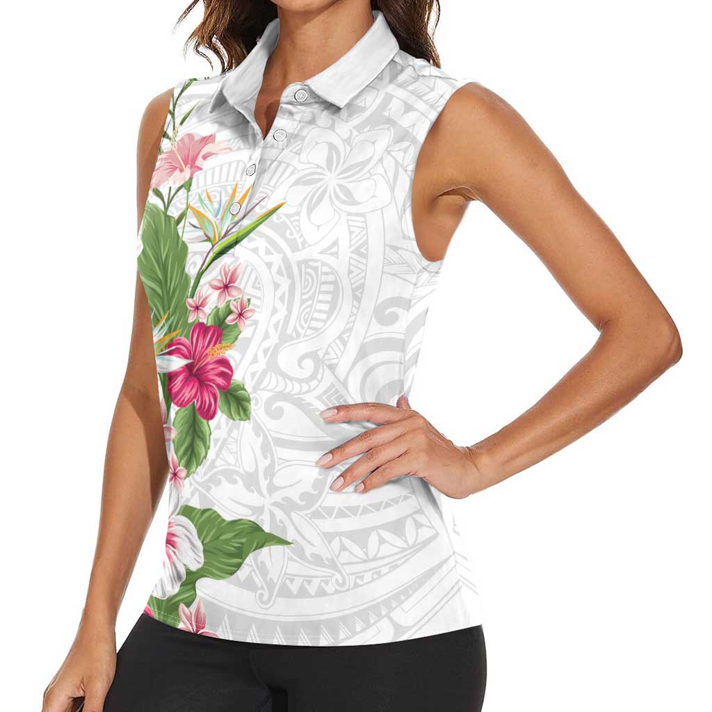 Hawaii Tropical Flowers Women Sleeveless Polo Shirt Polynesian Tattoo White
