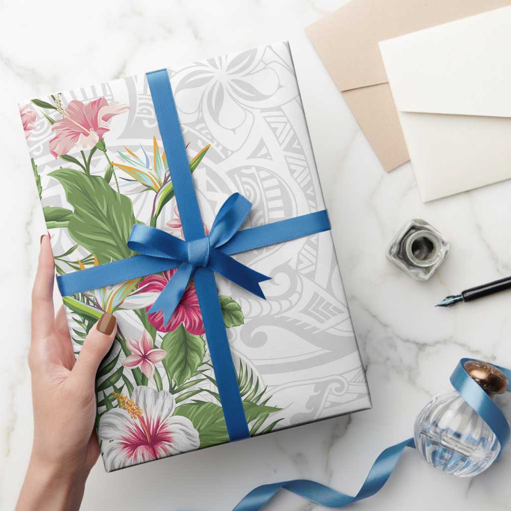 Hawaii Tropical Flowers Wrapping Paper Polynesian Tattoo White - Polynesian Pride