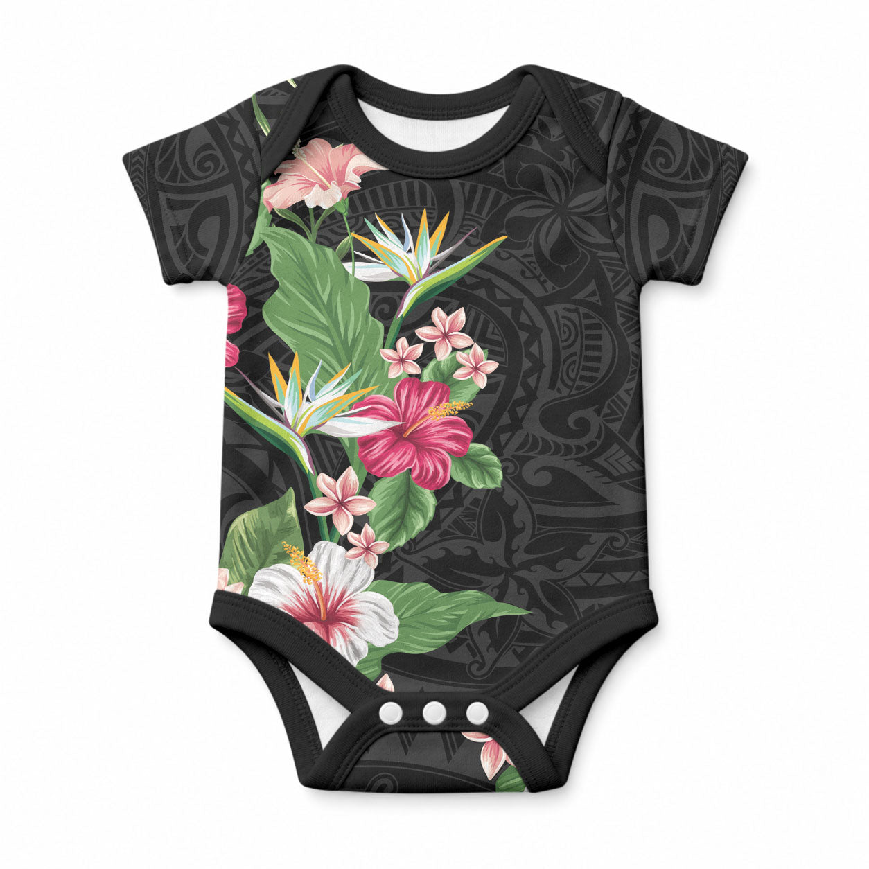 Hawaii Tropical Flowers Baby Onesie Polynesian Tattoo Black