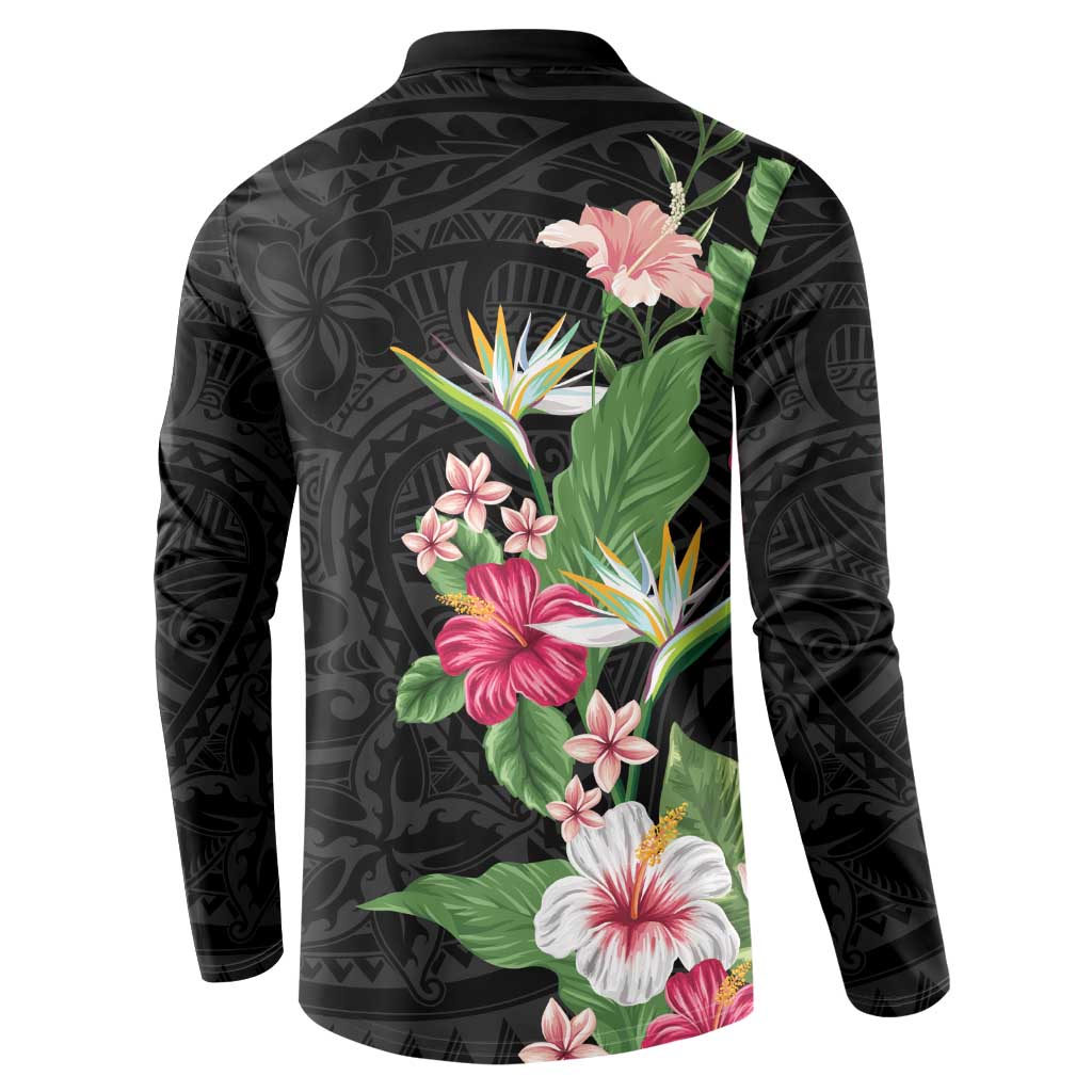 Hawaii Tropical Flowers Button Sweatshirt Polynesian Tattoo Black
