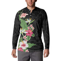 Hawaii Tropical Flowers Button Sweatshirt Polynesian Tattoo Black