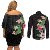 Hawaii Tropical Flowers Couples Matching Off Shoulder Short Dress and Long Sleeve Button Shirt Polynesian Tattoo Black