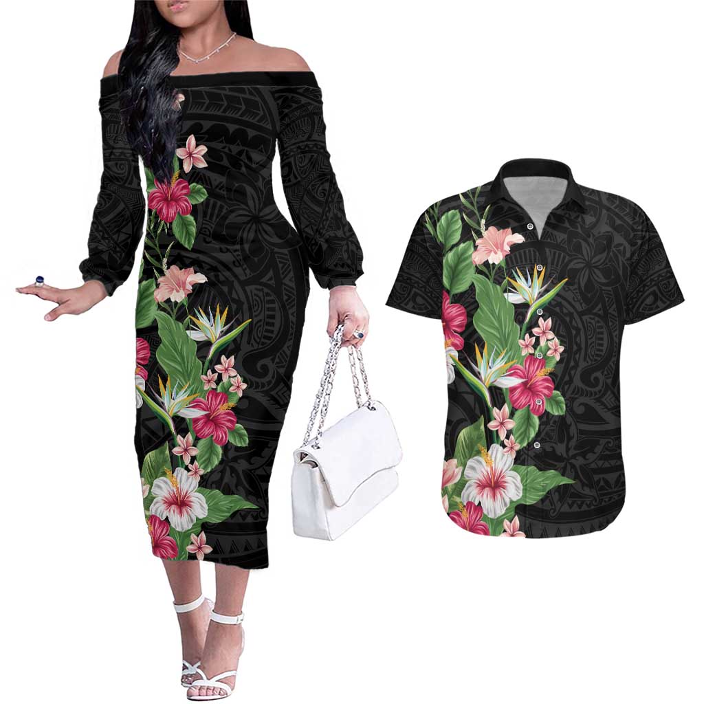 Hawaii Tropical Flowers Couples Matching Off The Shoulder Long Sleeve Dress and Hawaiian Shirt Polynesian Tattoo Black
