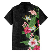 Hawaii Tropical Flowers Family Matching Off The Shoulder Long Sleeve Dress and Hawaiian Shirt Polynesian Tattoo Black