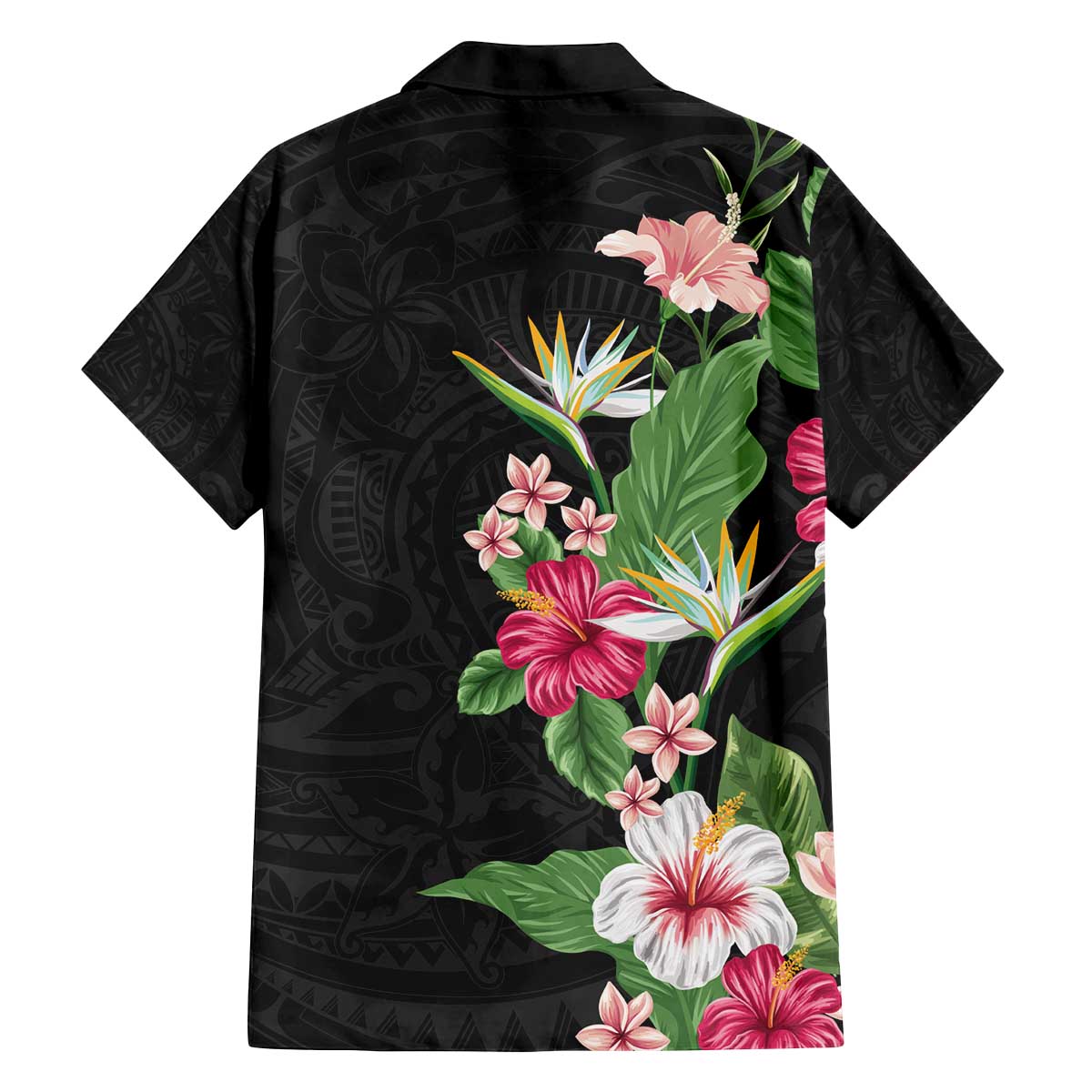 Hawaii Tropical Flowers Family Matching Puletasi and Hawaiian Shirt Polynesian Tattoo Black