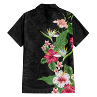 Hawaii Tropical Flowers Family Matching Short Sleeve Bodycon Dress and Hawaiian Shirt Polynesian Tattoo Black