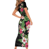 Hawaii Tropical Flowers Family Matching Short Sleeve Bodycon Dress and Hawaiian Shirt Polynesian Tattoo Black
