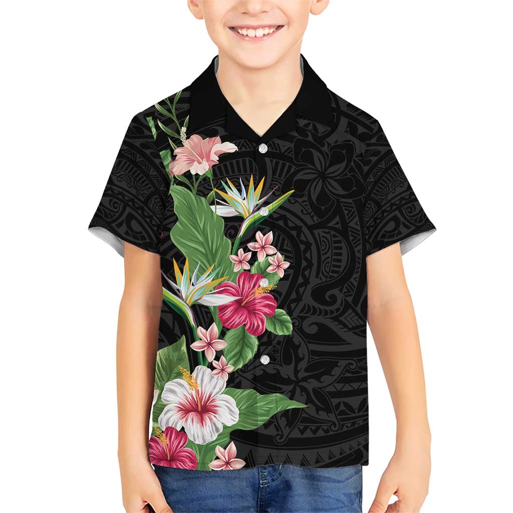 Hawaii Tropical Flowers Family Matching Short Sleeve Bodycon Dress and Hawaiian Shirt Polynesian Tattoo Black