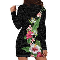 Hawaii Tropical Flowers Hoodie Dress Polynesian Tattoo Black