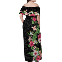 Hawaii Tropical Flowers Off Shoulder Maxi Dress Polynesian Tattoo Black