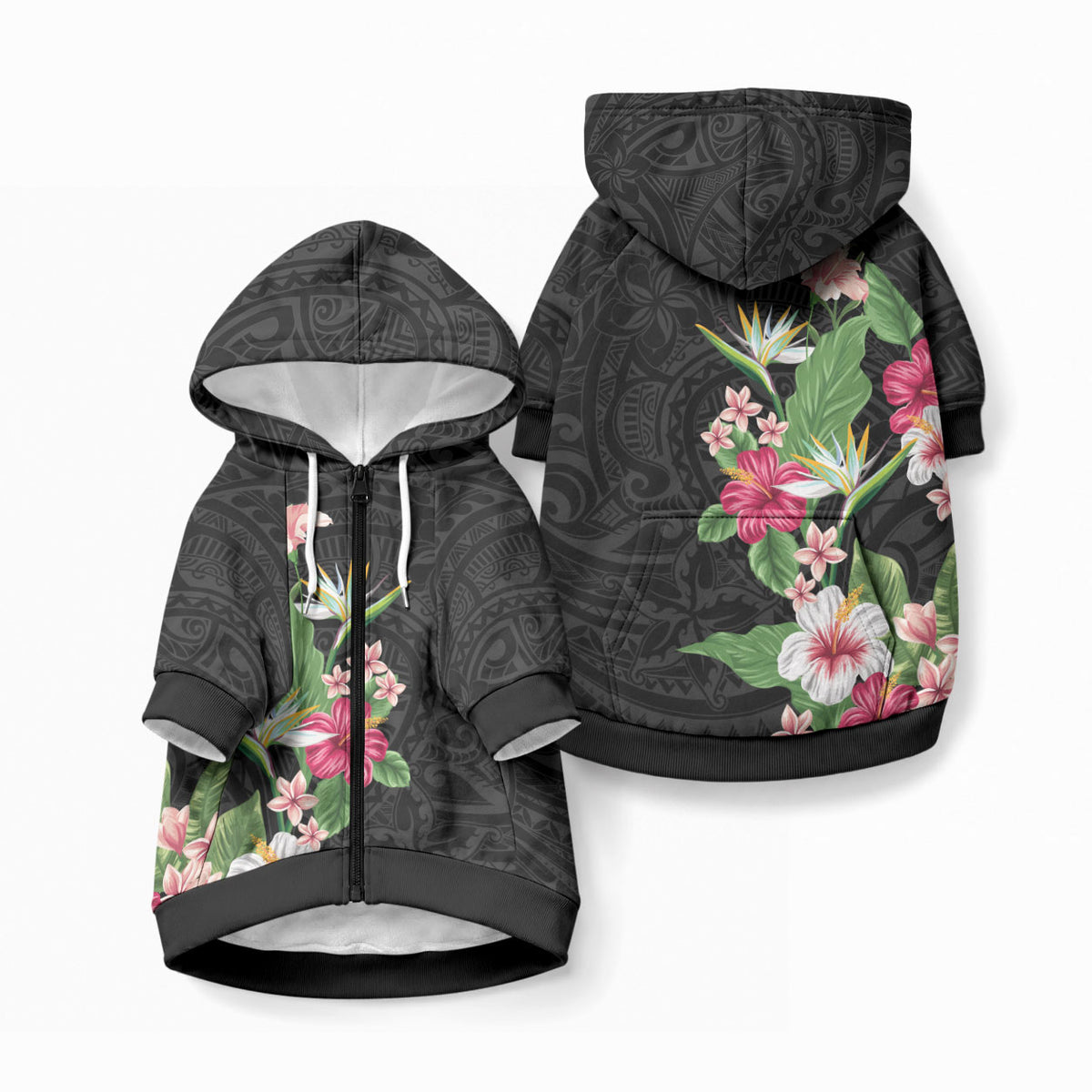 Hawaii Tropical Flowers Pet Hoodie Polynesian Tattoo Black