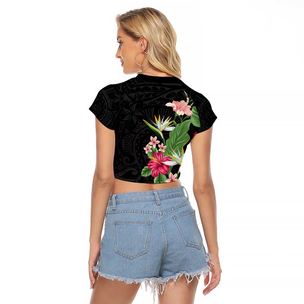 Hawaii Tropical Flowers Raglan Cropped T Shirt Polynesian Tattoo Black