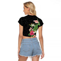 Hawaii Tropical Flowers Raglan Cropped T Shirt Polynesian Tattoo Black