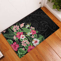 Hawaii Tropical Flowers Rubber Doormat Polynesian Tattoo Black