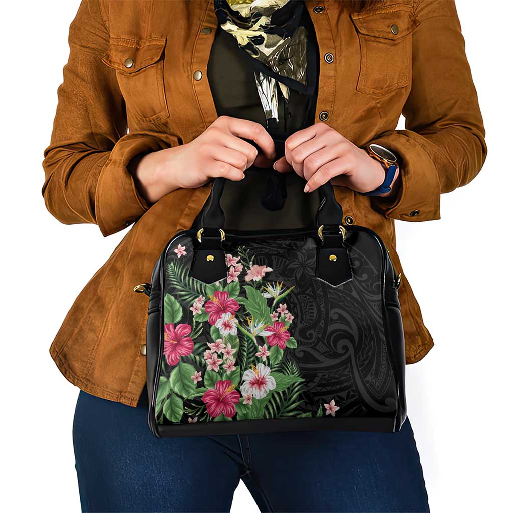 Hawaii Tropical Flowers Shoulder Handbag Polynesian Tattoo Black
