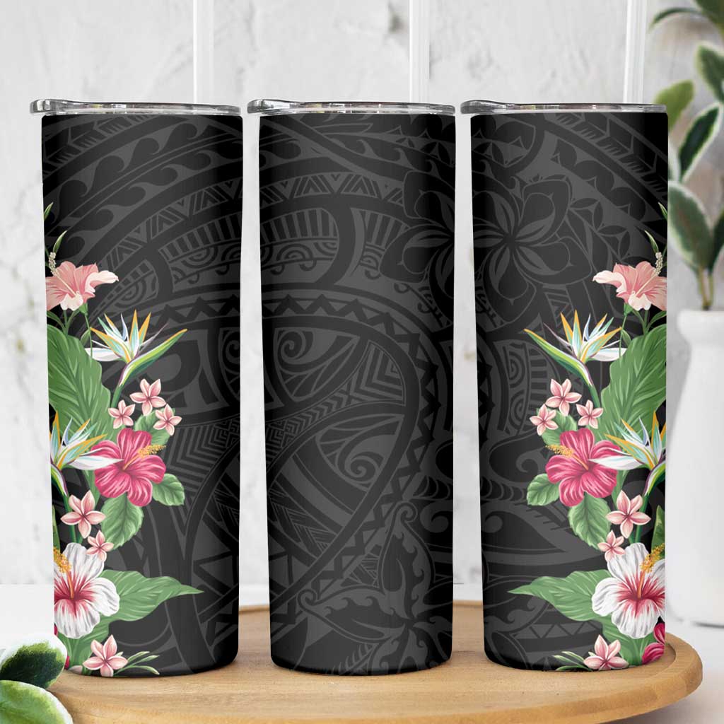 Hawaii Tropical Flowers Skinny Tumbler Polynesian Tattoo Black