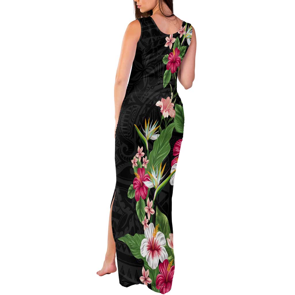 Hawaii Tropical Flowers Tank Maxi Dress Polynesian Tattoo Black