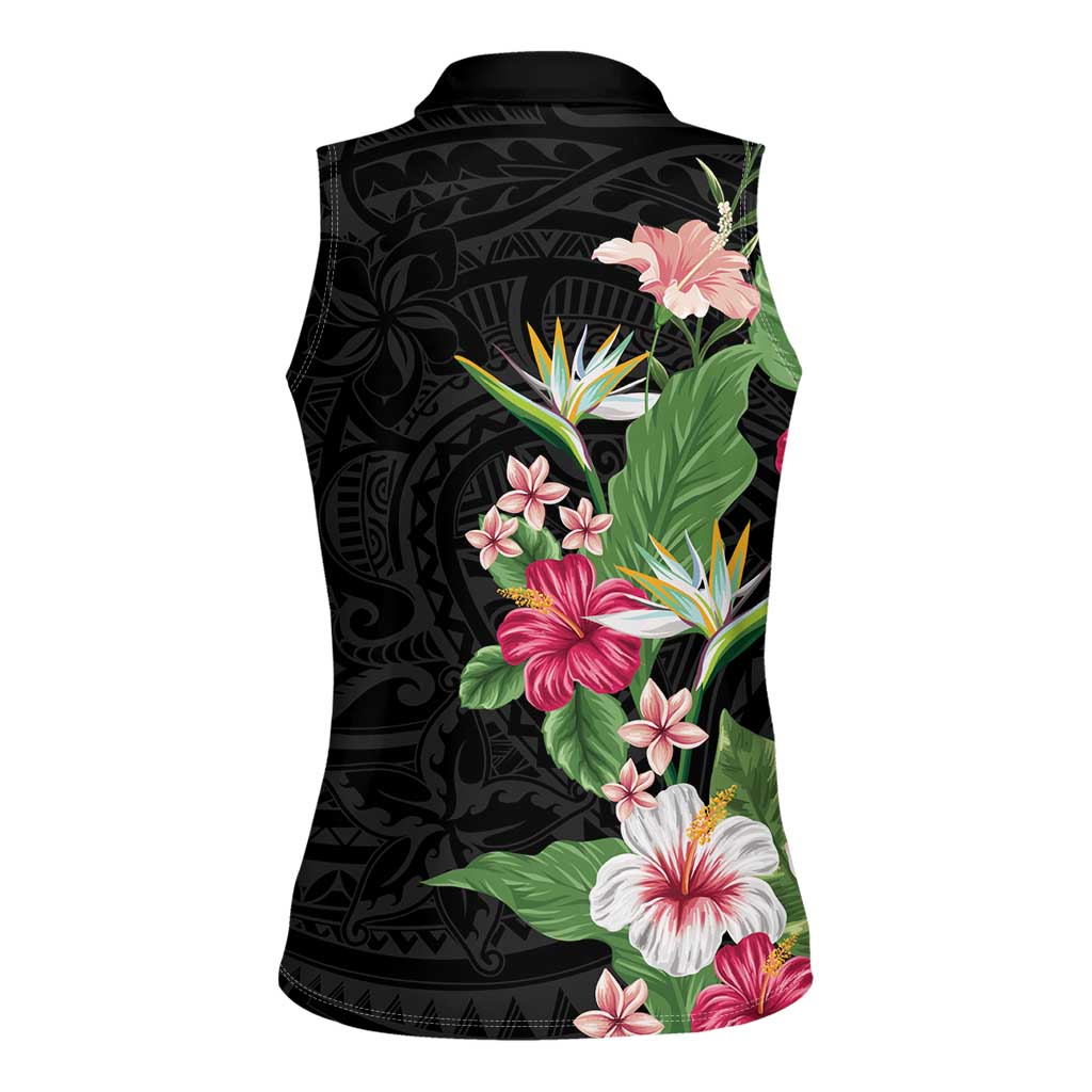 Hawaii Tropical Flowers Women Sleeveless Polo Shirt Polynesian Tattoo Black