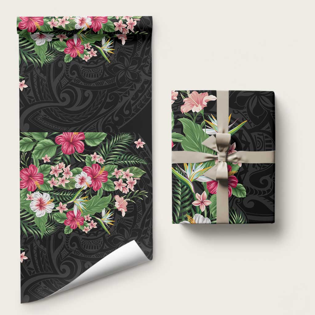 Hawaii Tropical Flowers Wrapping Paper Polynesian Tattoo Black - Polynesian Pride
