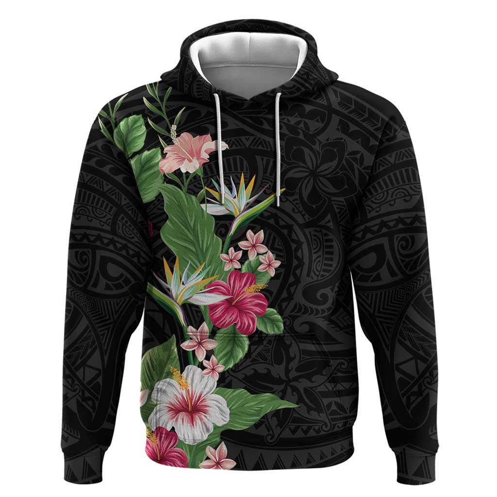 Hawaii Tropical Flowers Zip Hoodie Polynesian Tattoo Black LT05 Pullover Hoodie Black - Polynesian Pride