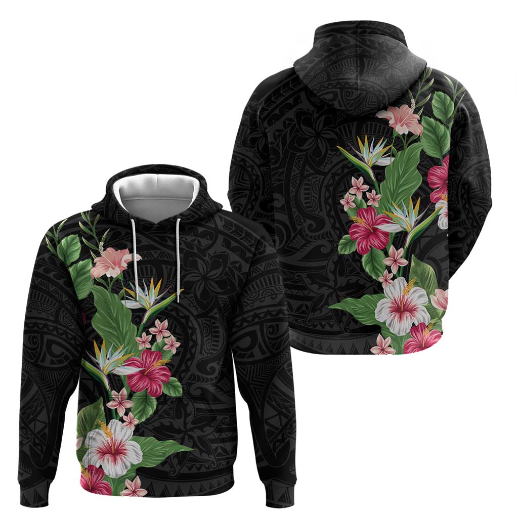 Hawaii Tropical Flowers Zip Hoodie Polynesian Tattoo Black LT05 - Polynesian Pride