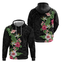 Hawaii Tropical Flowers Zip Hoodie Polynesian Tattoo Black LT05 - Polynesian Pride