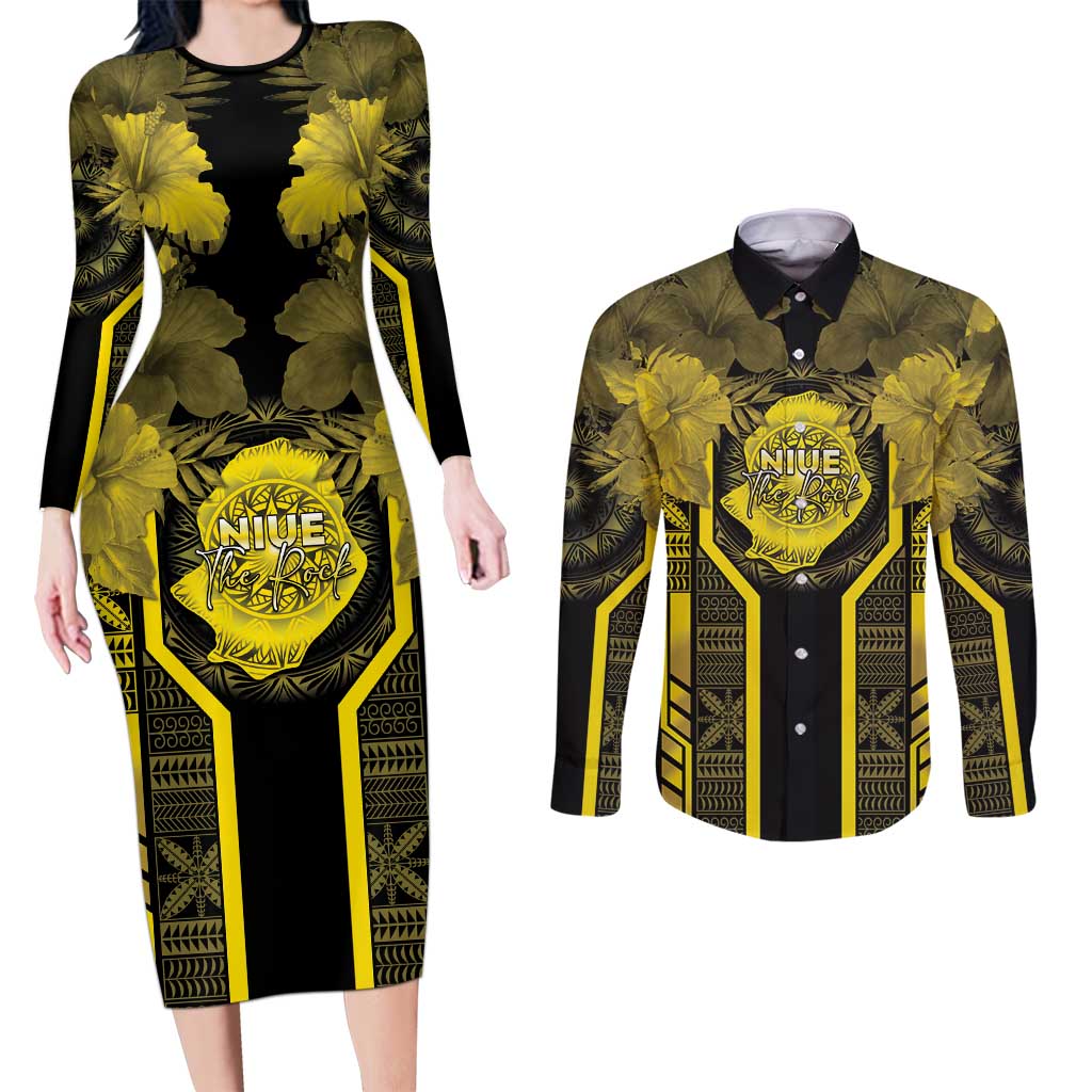 Niue The Rock Couples Matching Long Sleeve Bodycon Dress and Long Sleeve Button Shirt The Island Of The Uga - Polynesian Pride