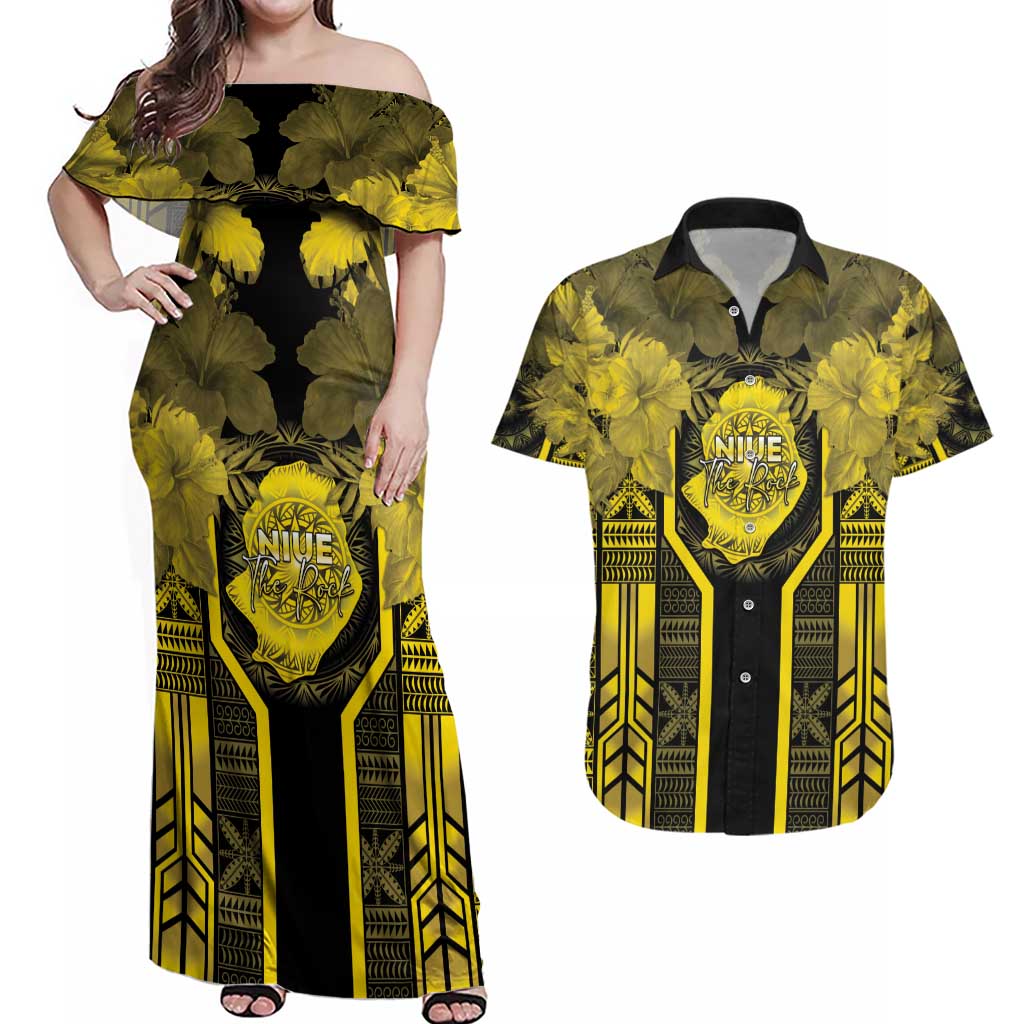 Niue The Rock Couples Matching Off Shoulder Maxi Dress and Hawaiian Shirt The Island Of The Uga - Polynesian Pride