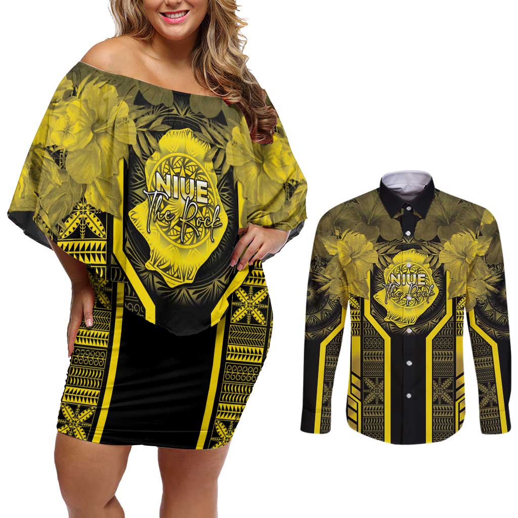 Niue The Rock Couples Matching Off Shoulder Short Dress and Long Sleeve Button Shirt The Island Of The Uga - Polynesian Pride