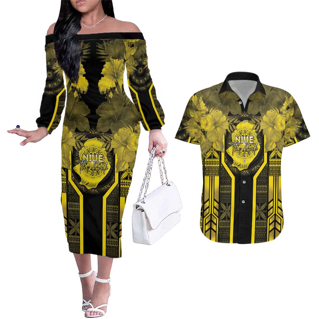 Niue The Rock Couples Matching Off The Shoulder Long Sleeve Dress and Hawaiian Shirt The Island Of The Uga - Polynesian Pride