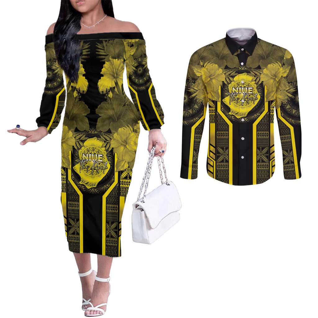 Niue The Rock Couples Matching Off The Shoulder Long Sleeve Dress and Long Sleeve Button Shirt The Island Of The Uga - Polynesian Pride