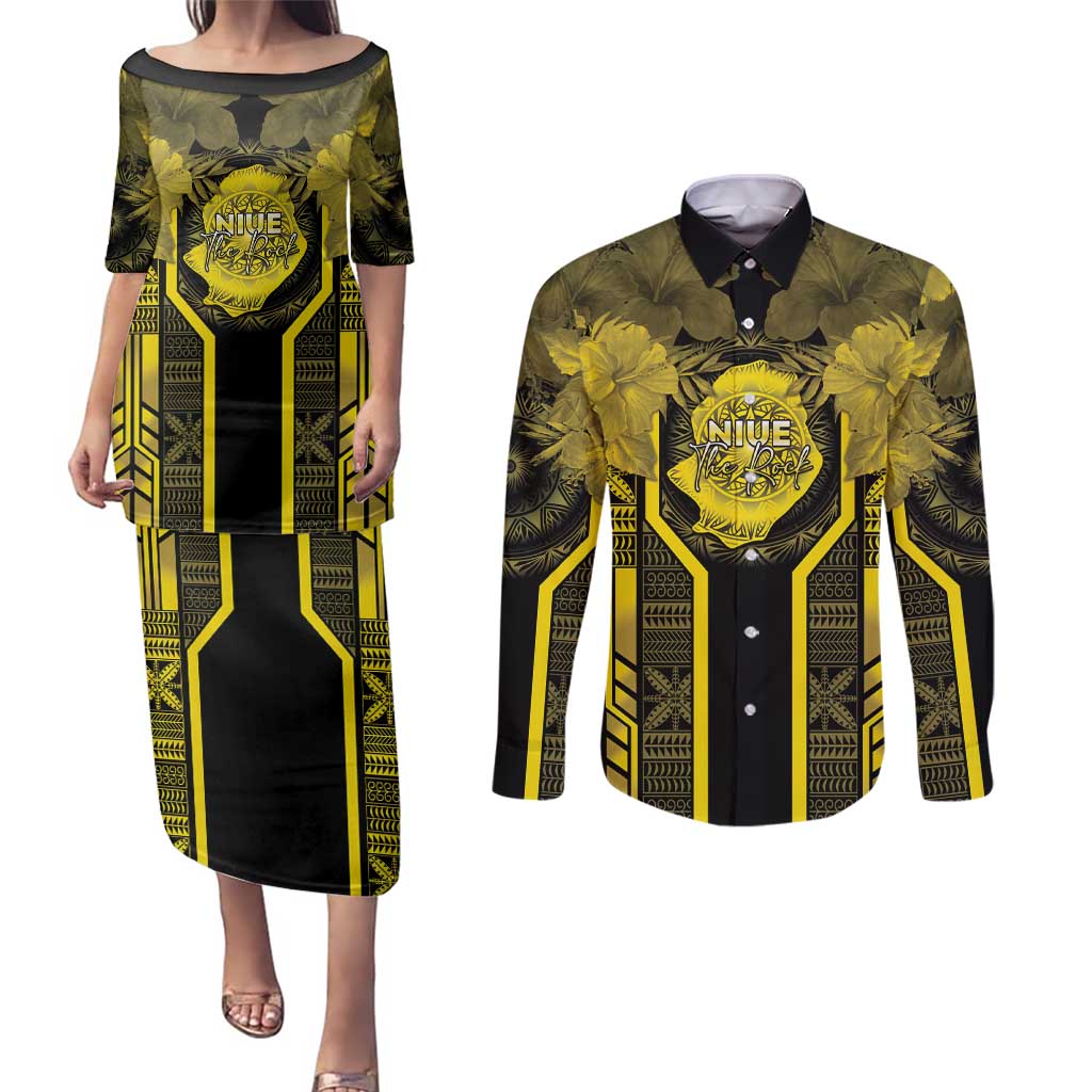 Niue The Rock Couples Matching Puletasi and Long Sleeve Button Shirt The Island Of The Uga - Polynesian Pride