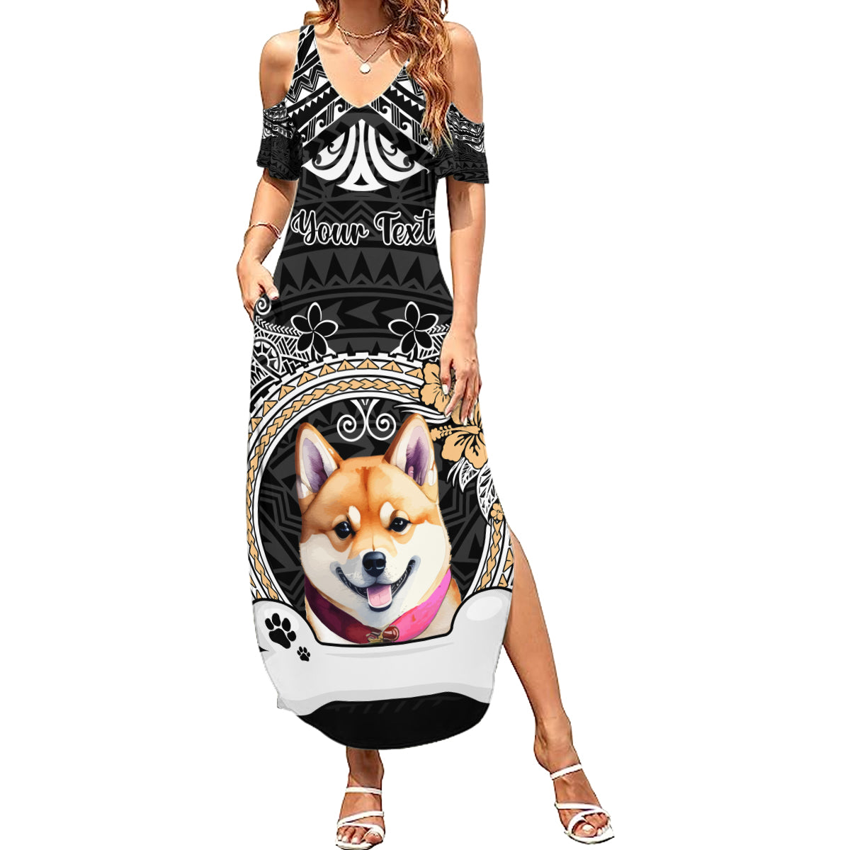 Personalized Shiba Inu Dog Family Matching Summer Maxi Dress and Hawaiian Shirt With Polynesian Heart Name Tags LT05 Mom's Dress Black - Polynesian Pride