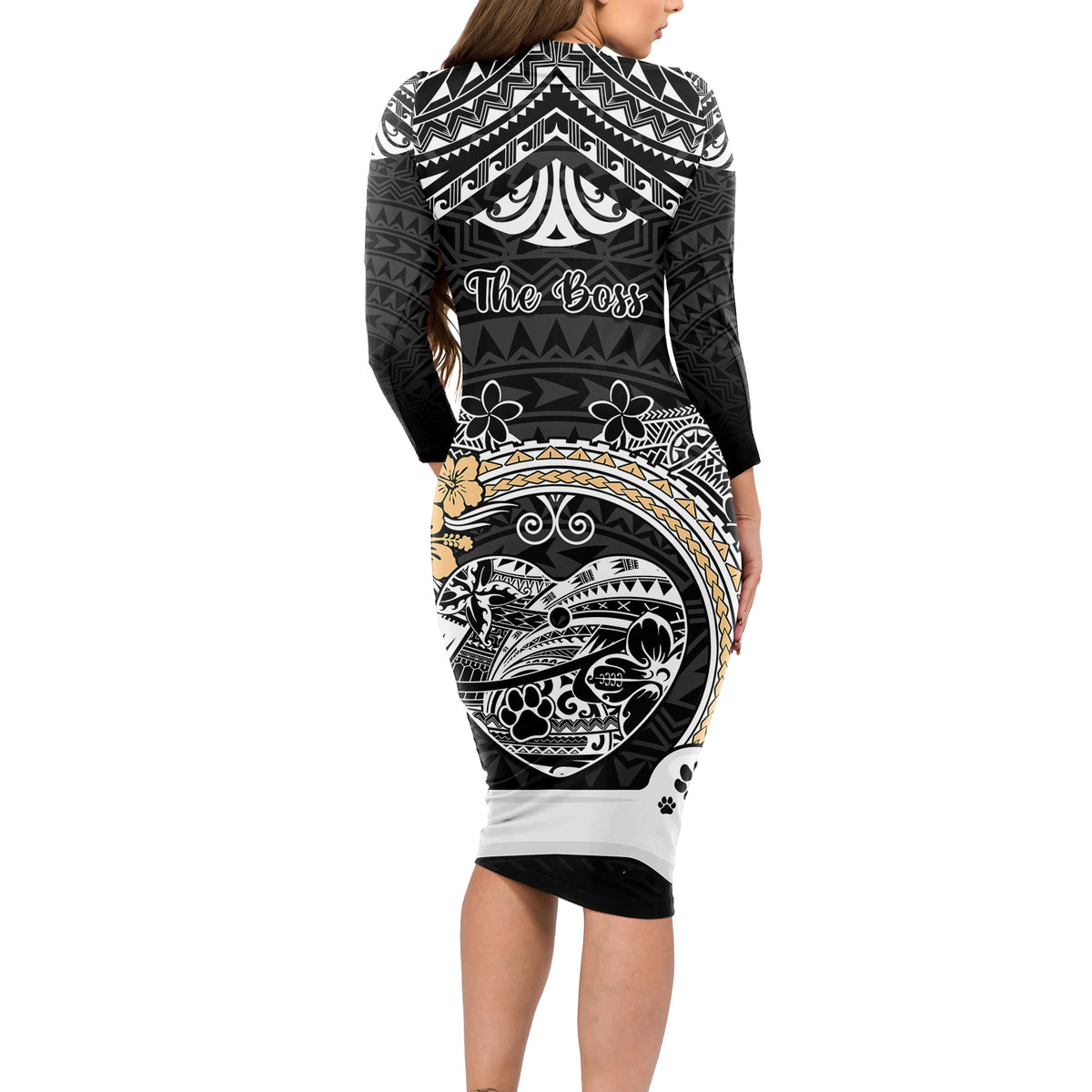 personalized-shiba-inu-dog-long-sleeve-bodycon-dress-with-polynesian-heart-name-tags