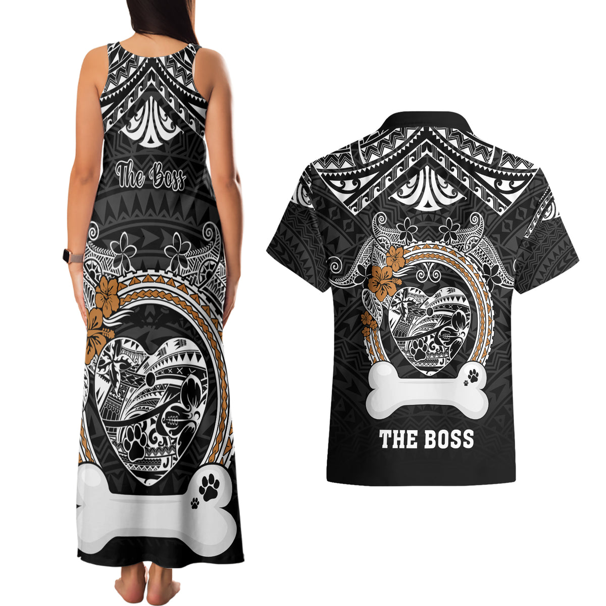 personalized-pitbull-dog-couples-matching-tank-maxi-dress-and-hawaiian-shirt-with-polynesian-heart-name-tags