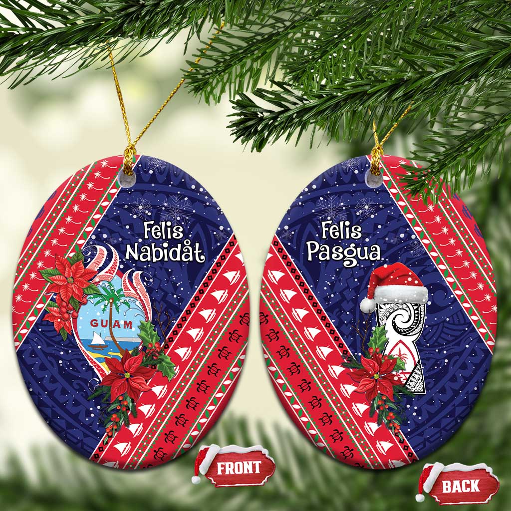 Guam Christmas Ceramic Ornament Felis Nabidat Guaman Seal With Poinsettia LT05 Oval Blue - Polynesian Pride