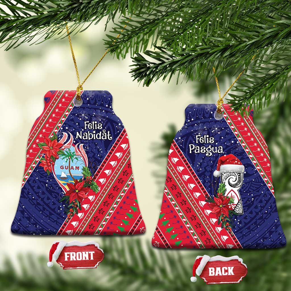 Guam Christmas Ceramic Ornament Felis Nabidat Guaman Seal With Poinsettia LT05 Bell Flake Blue - Polynesian Pride
