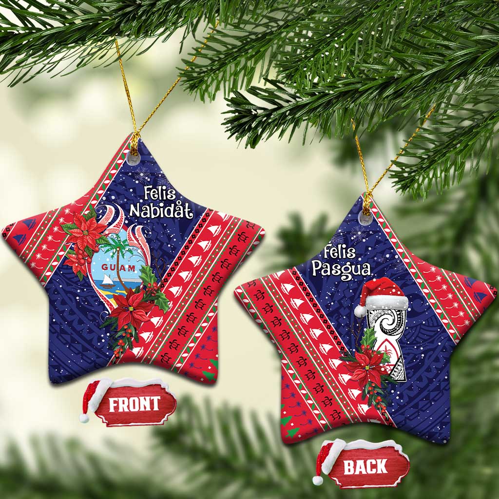 Guam Christmas Ceramic Ornament Felis Nabidat Guaman Seal With Poinsettia LT05 Star Blue - Polynesian Pride