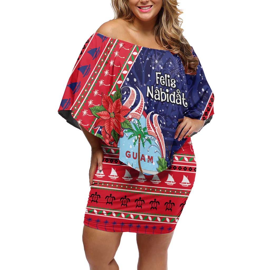 Guam Christmas Family Matching Off Shoulder Short Dress and Hawaiian Shirt Felis Nabidat Guaman Seal With Poinsettia