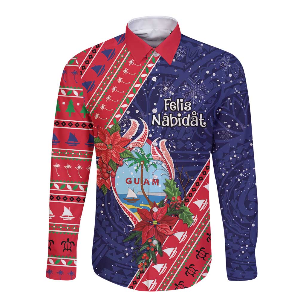 Guam Christmas Long Sleeve Button Shirt Felis Nabidat Guaman Seal With Poinsettia LT05 Unisex Blue - Polynesian Pride