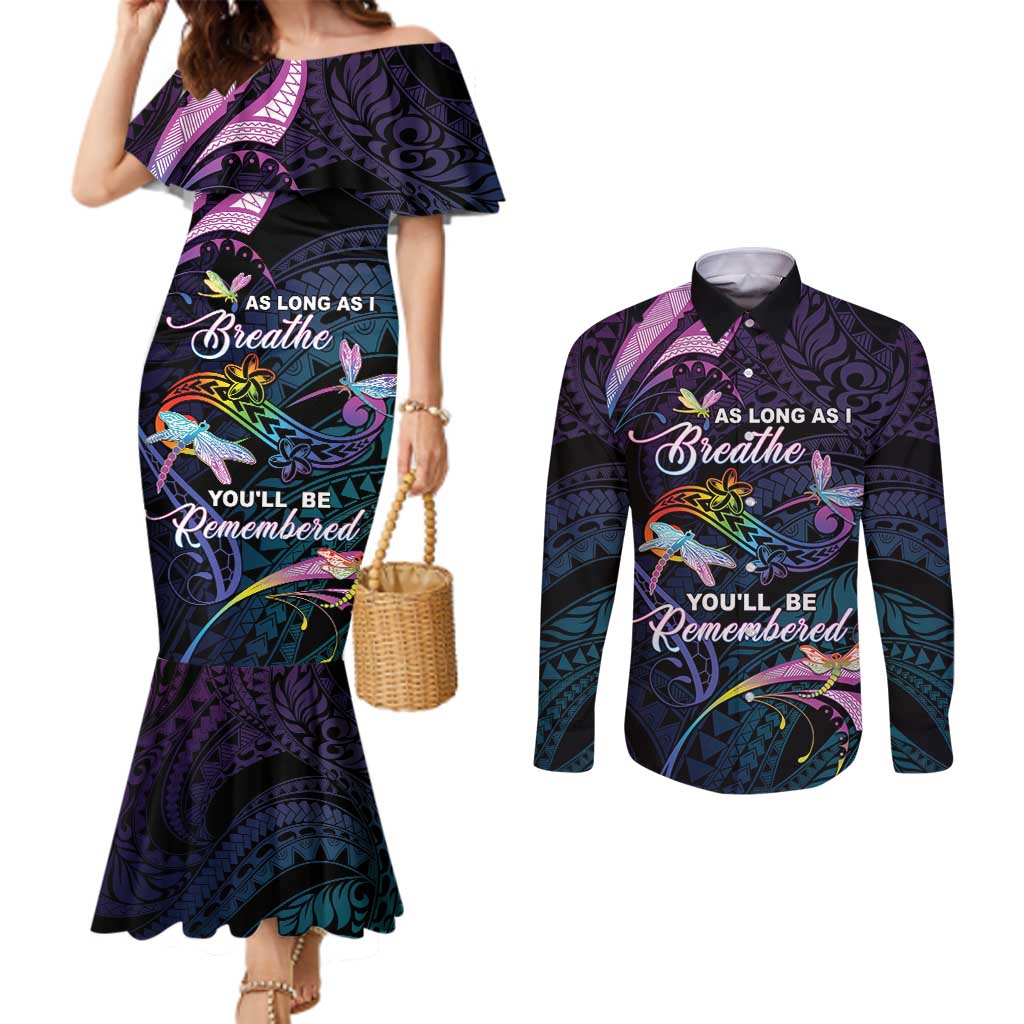 Personalised Polynesia Memorial Couples Matching Mermaid Dress and Long Sleeve Button Shirt Always Remembered Dragonfly Polynesian Style