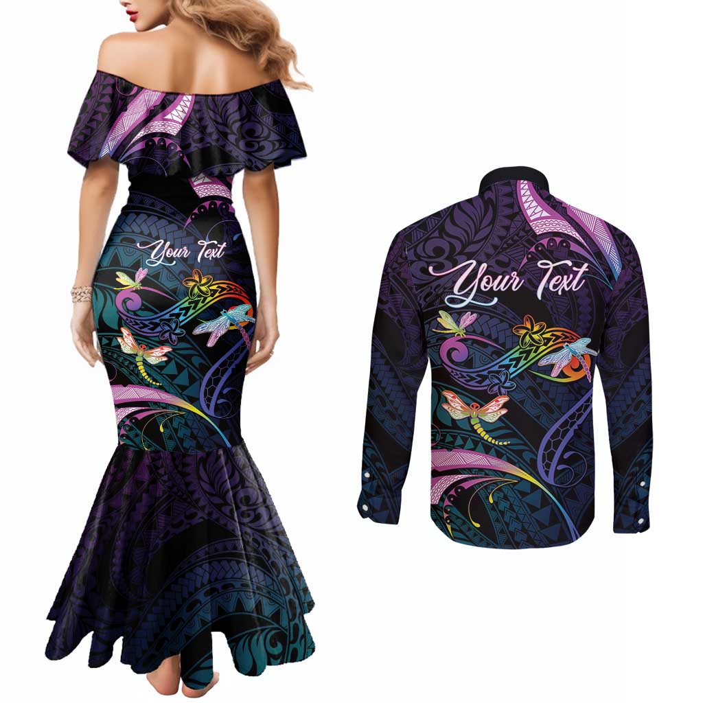 Personalised Polynesia Memorial Couples Matching Mermaid Dress and Long Sleeve Button Shirt Always Remembered Dragonfly Polynesian Style