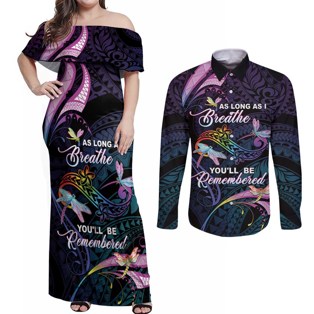 Personalised Polynesia Memorial Couples Matching Off Shoulder Maxi Dress and Long Sleeve Button Shirt Always Remembered Dragonfly Polynesian Style