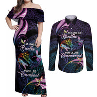 Personalised Polynesia Memorial Couples Matching Off Shoulder Maxi Dress and Long Sleeve Button Shirt Always Remembered Dragonfly Polynesian Style