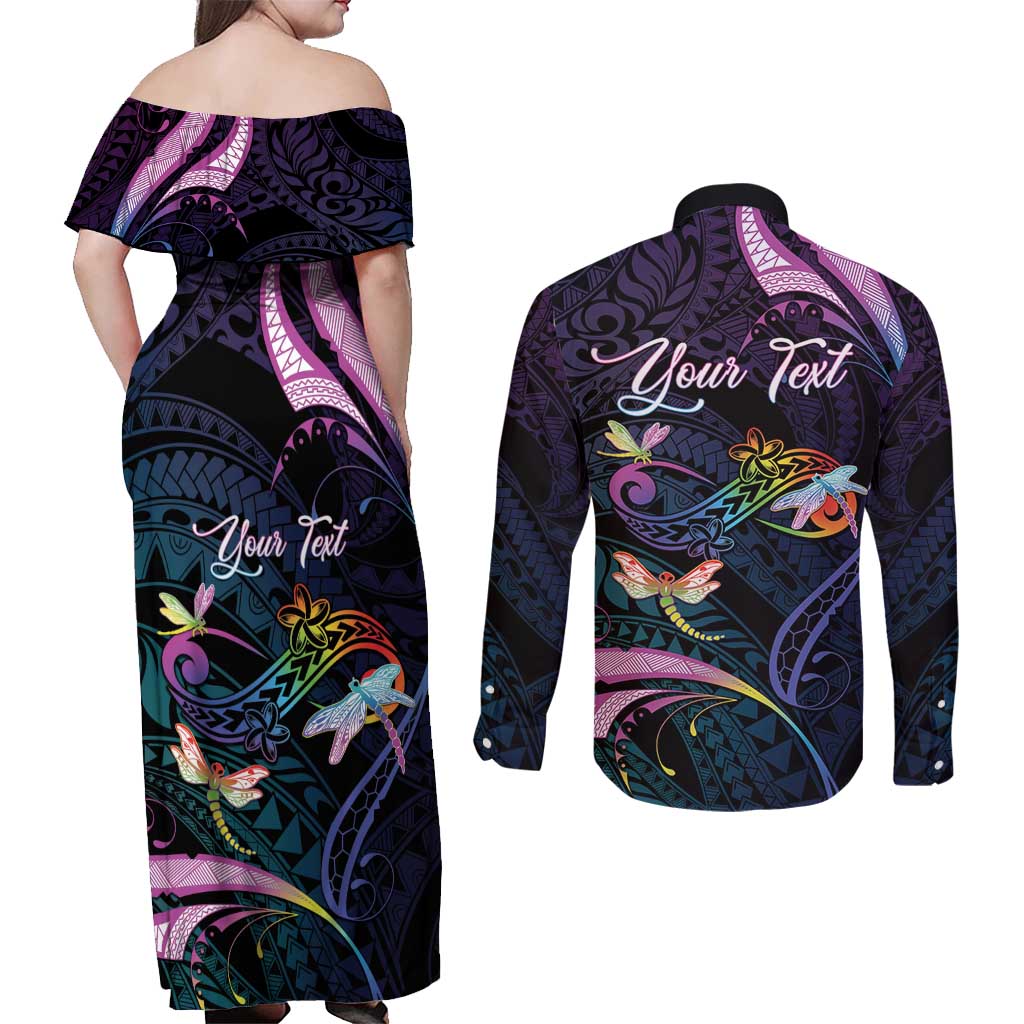 Personalised Polynesia Memorial Couples Matching Off Shoulder Maxi Dress and Long Sleeve Button Shirt Always Remembered Dragonfly Polynesian Style