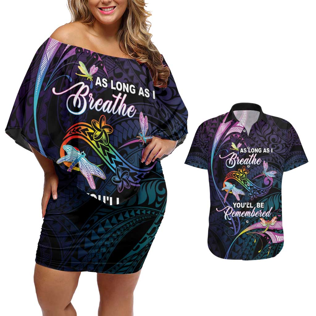 Personalised Polynesia Memorial Couples Matching Off Shoulder Short Dress and Hawaiian Shirt Always Remembered Dragonfly Polynesian Style