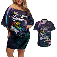 Personalised Polynesia Memorial Couples Matching Off Shoulder Short Dress and Hawaiian Shirt Always Remembered Dragonfly Polynesian Style