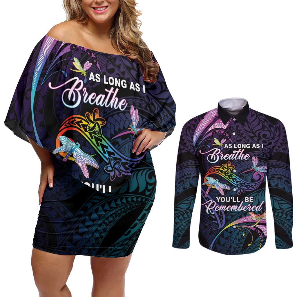 Personalised Polynesia Memorial Couples Matching Off Shoulder Short Dress and Long Sleeve Button Shirt Always Remembered Dragonfly Polynesian Style